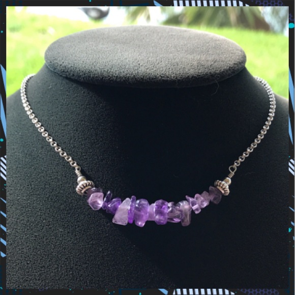 π΄Genuine amethyst chips bar simple steel choker - Picture 3 of 9